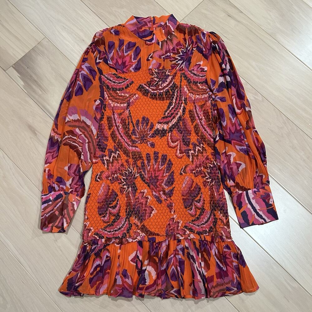 Farm Rio Chevron Forest Orange Mini Dress Floral Long Sleeve Women’s Medium
